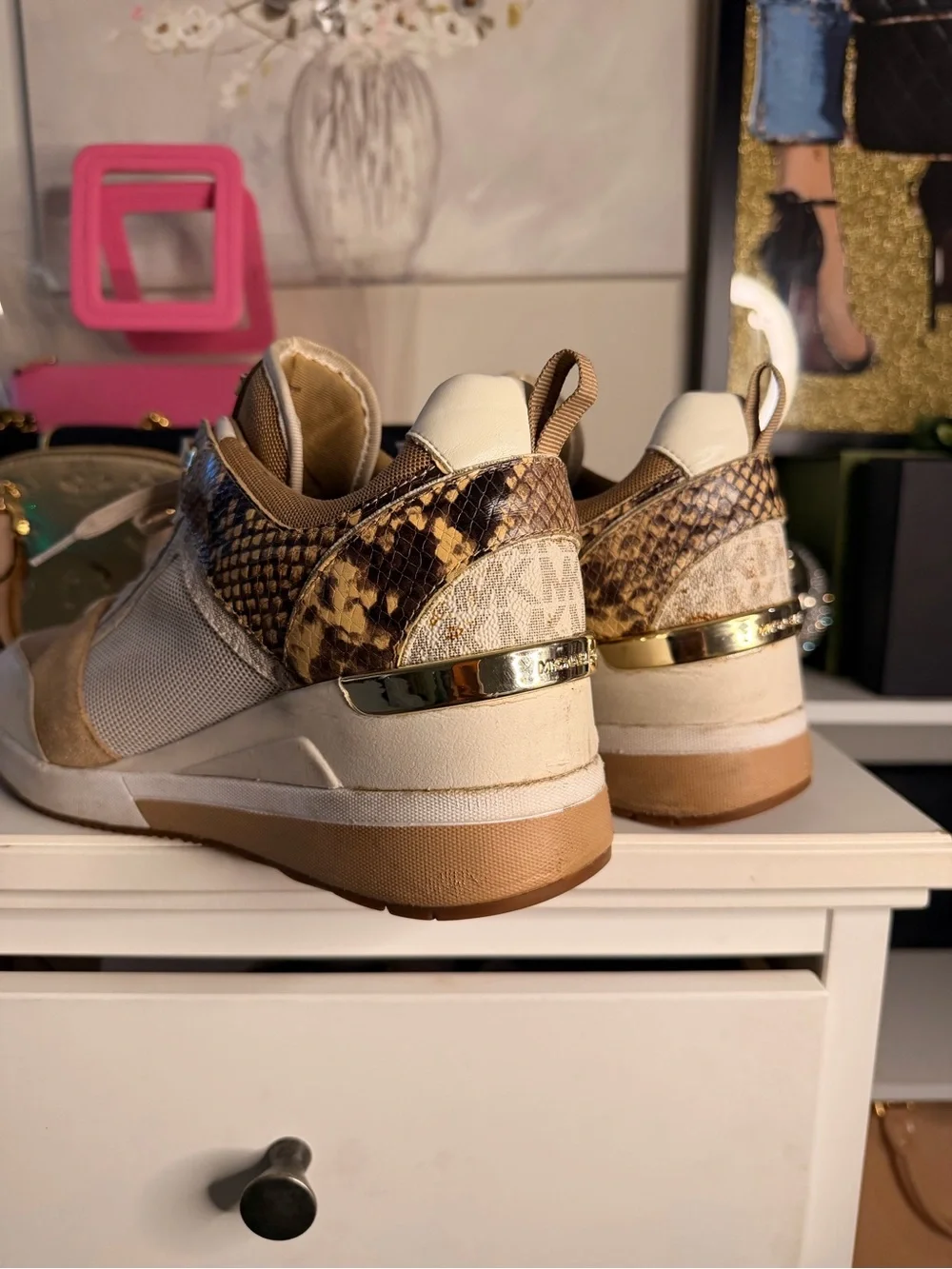 Michael Kors Beige and Snake-Print Platform Sneakers